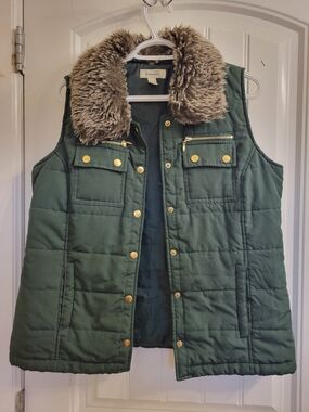 2/$20 Green Quilted Vest with Faux-Fur Collar